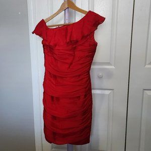 Carmen Marc Valvo Red Silk Ruched Cocktail Dress